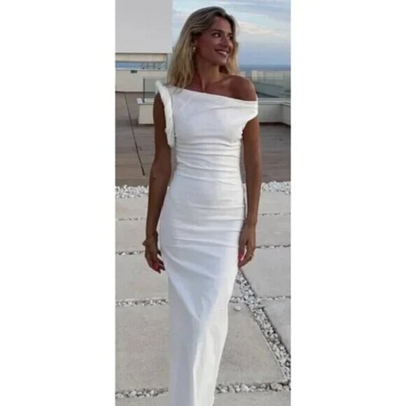 NAKED WARDROBE Ruched One-Shoulder Gown in White Size Medium - Picture 1 of 14